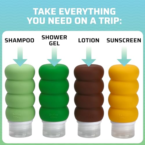 Travel Bottles for Toiletries, TSA Approved Travel Size Containers BPA Free Leak Proof Refillable Liquid Silicone Squeezable Travel Accessory for Shampoo Conditioner with clear bag - 4 Pack, 3.4 oz