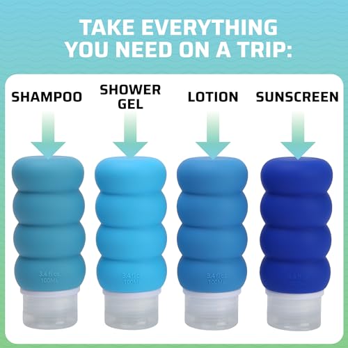 Travel Bottles for Toiletries, TSA Approved Travel Size Containers BPA Free Leak Proof Refillable Liquid Silicone Squeezable Travel Accessory for Shampoo Conditioner with clear bag - 4 Pack, 3.4 oz