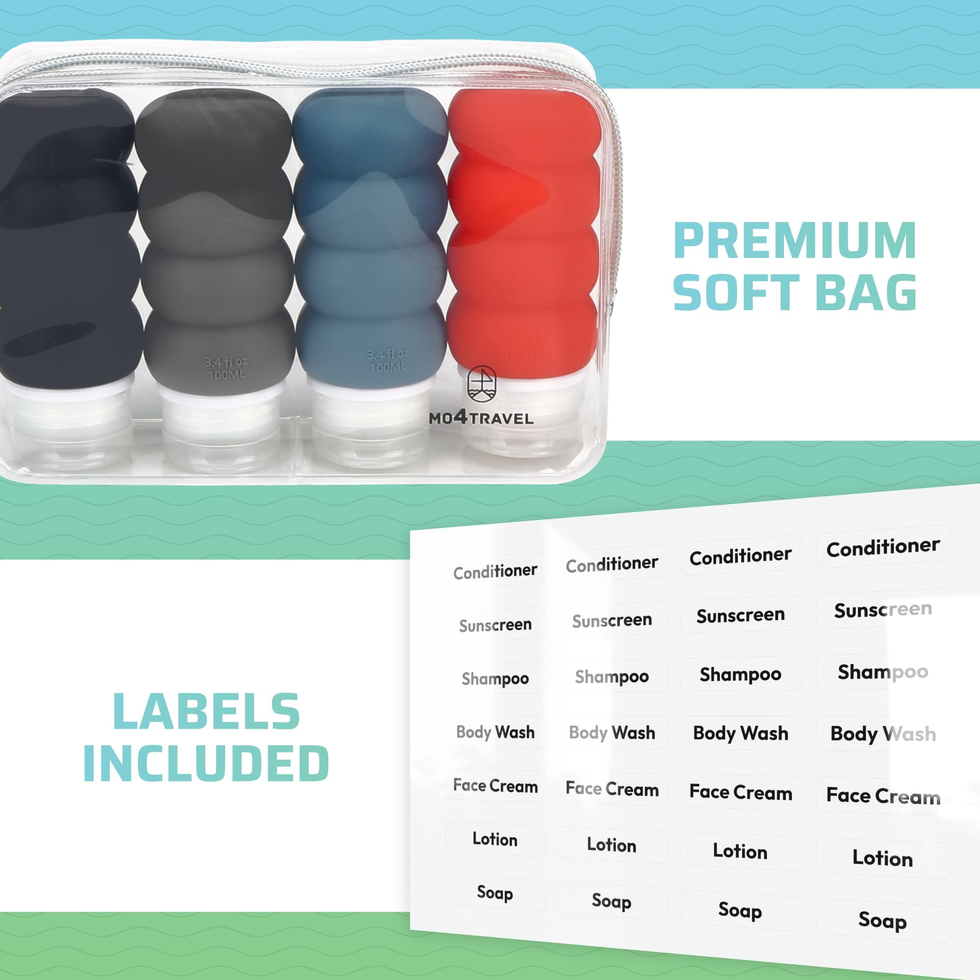 Travel Bottles for Toiletries, TSA Approved Travel Size Containers BPA Free Leak Proof Refillable Liquid Silicone Squeezable Travel Accessory for Shampoo Conditioner with clear bag - 4 Pack, 3.4 oz