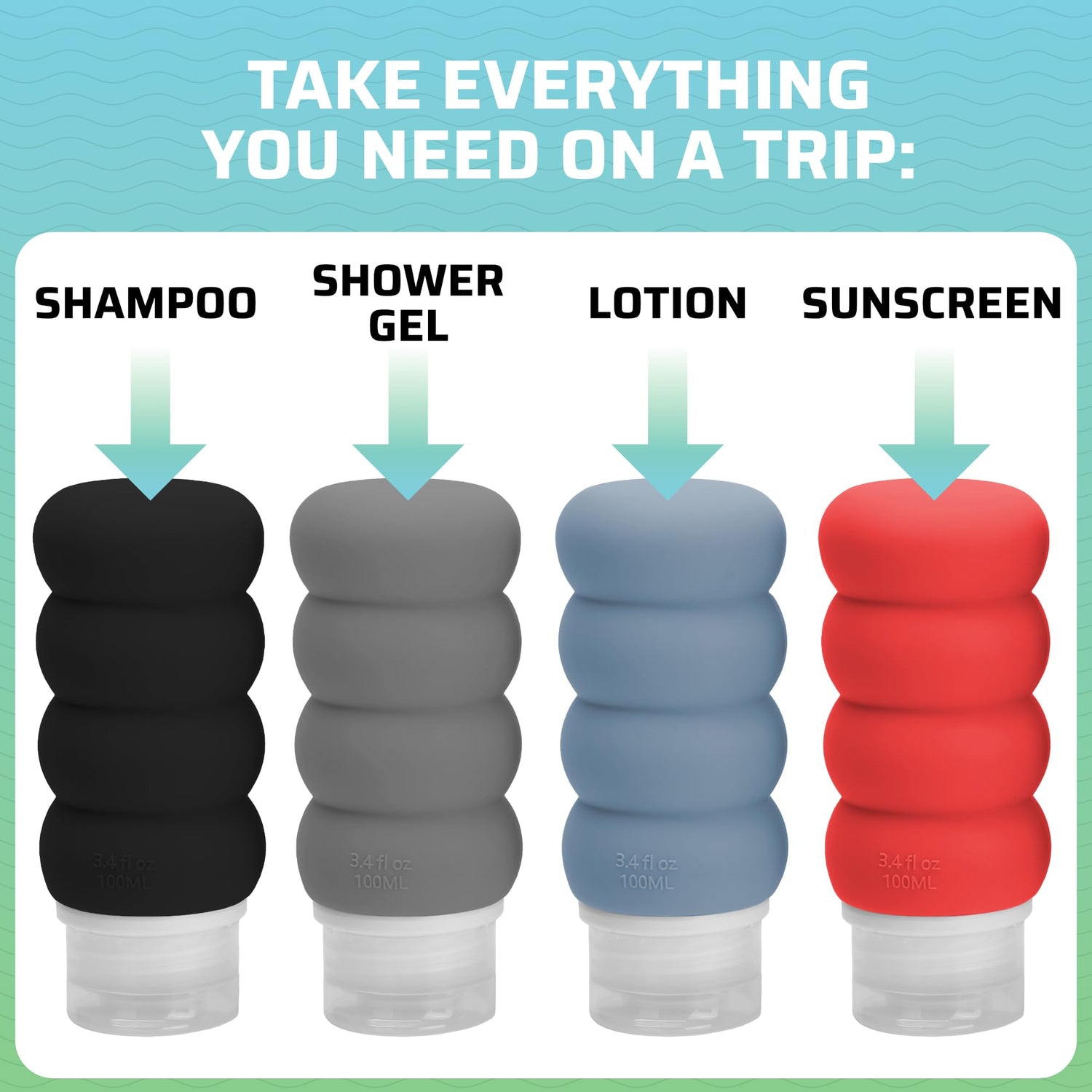 Travel Bottles for Toiletries, TSA Approved Travel Size Containers BPA Free Leak Proof Refillable Liquid Silicone Squeezable Travel Accessory for Shampoo Conditioner with clear bag - 4 Pack, 3.4 oz