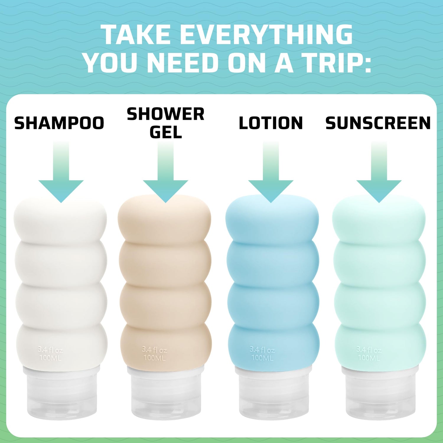 Travel Bottles for Toiletries, TSA Approved Travel Size Containers BPA Free Leak Proof Refillable Liquid Silicone Squeezable Travel Accessory for Shampoo Conditioner with clear bag - 4 Pack, 3.4 oz