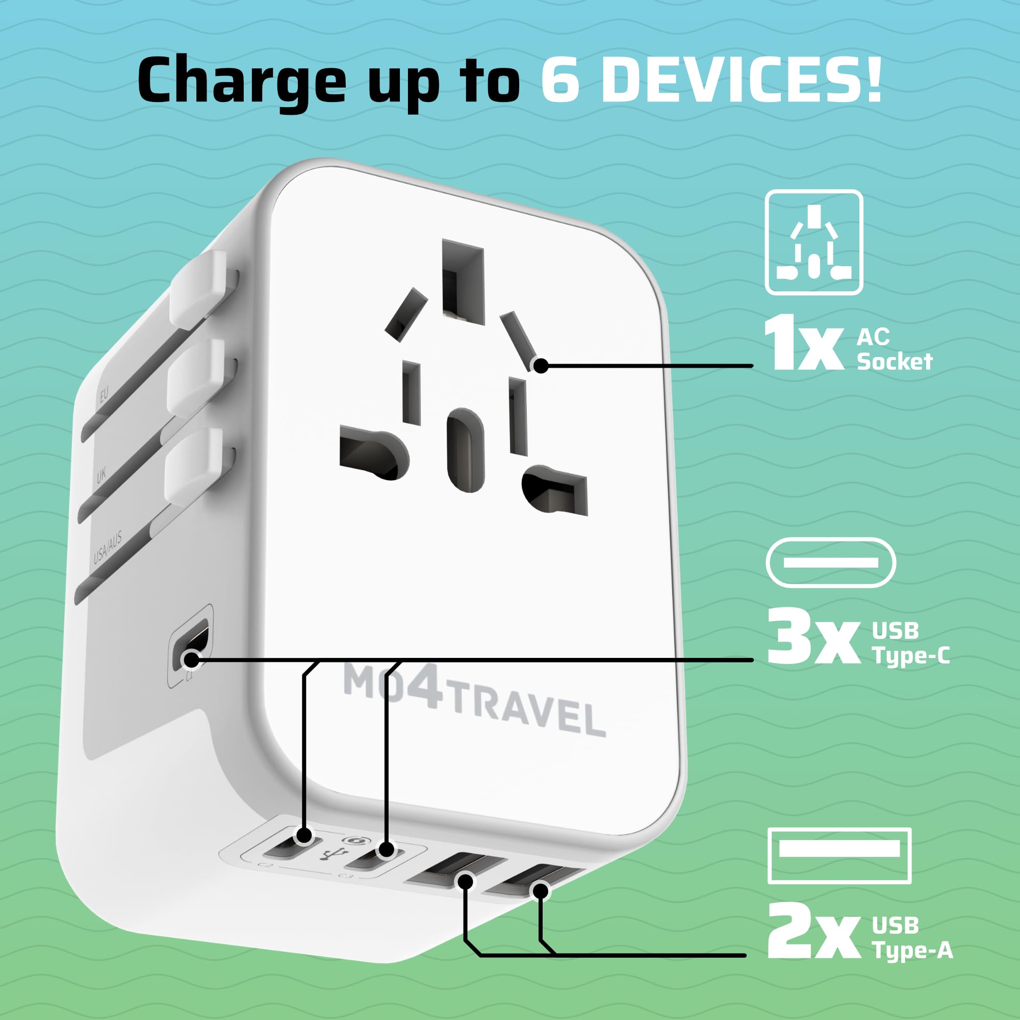 Universal Travel Adapter, International Power Plug Adapter with 4 USB-A and 1 USB-C Ports, All-in-One Worldwide Wall Charger for USA EU UK AUS and 150+ Countries
