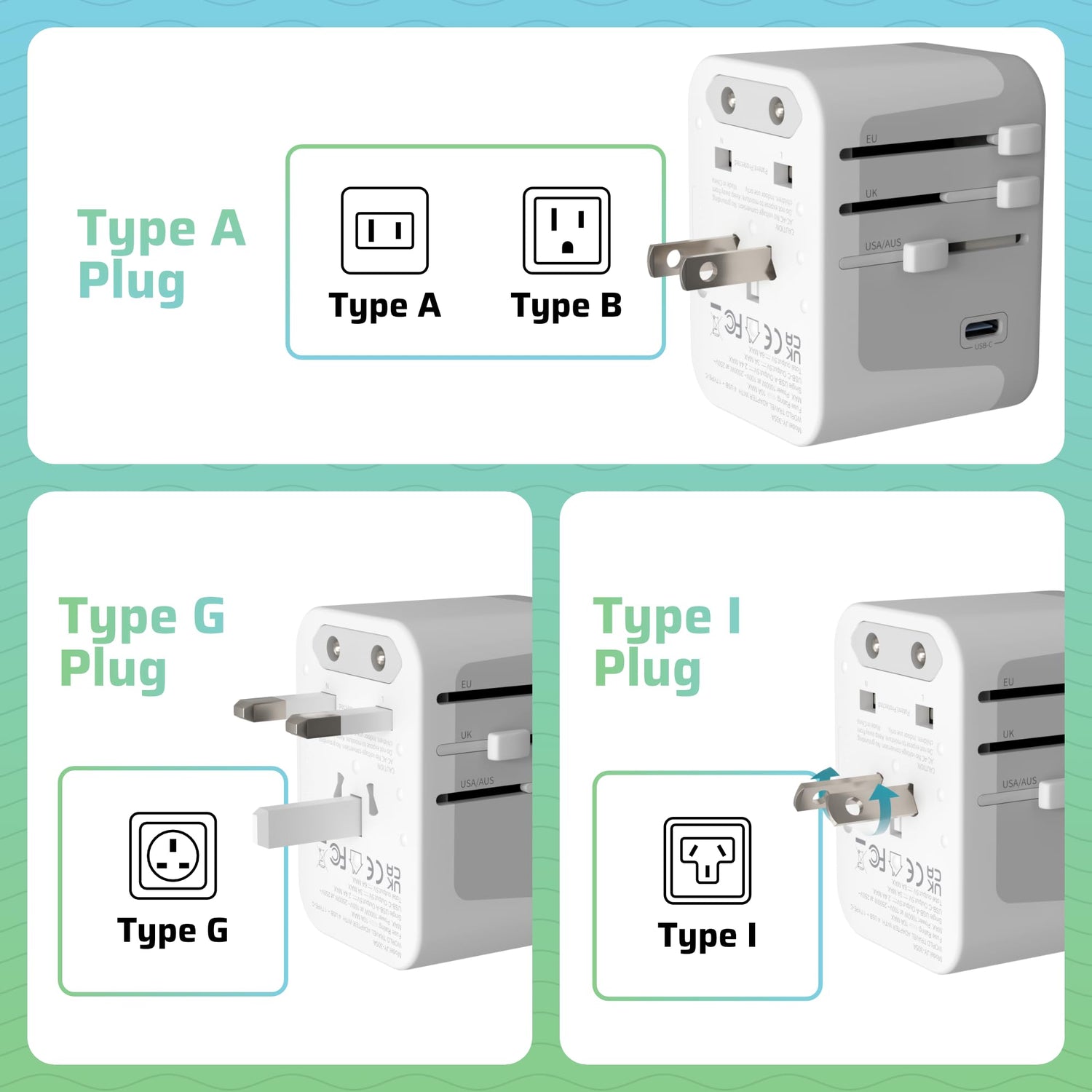 Universal Travel Adapter, International Power Plug Adapter with 4 USB-A and 1 USB-C Ports, All-in-One Worldwide Wall Charger for USA EU UK AUS and 150+ Countries