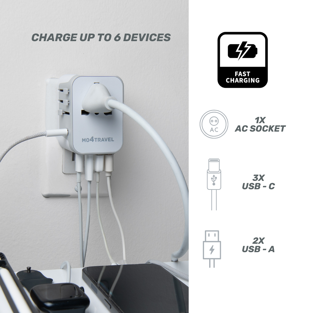 6-in-1 Universal Travel Adapter with USB-C and USB-A Ports