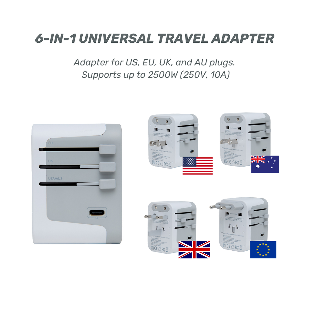 6-in-1 Universal Travel Adapter with USB-C and USB-A Ports